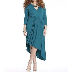 LANE BRYANT Women Teal Draped Front Knit Midi Dress Size 14/16 Asymmetrical Hem